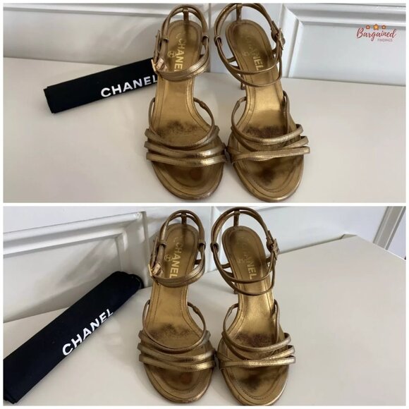 Authentic CHANEL Gold Metallic Leather CC Logo Ankle Strap High Heel Pumps 36.5 - Picture 10 of 13